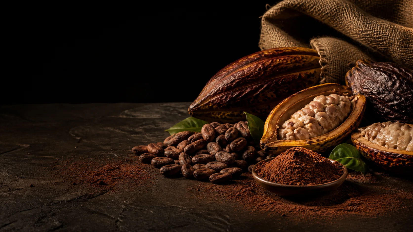 Cacao pods, fermented cacao beans, and powder in a luxury still life