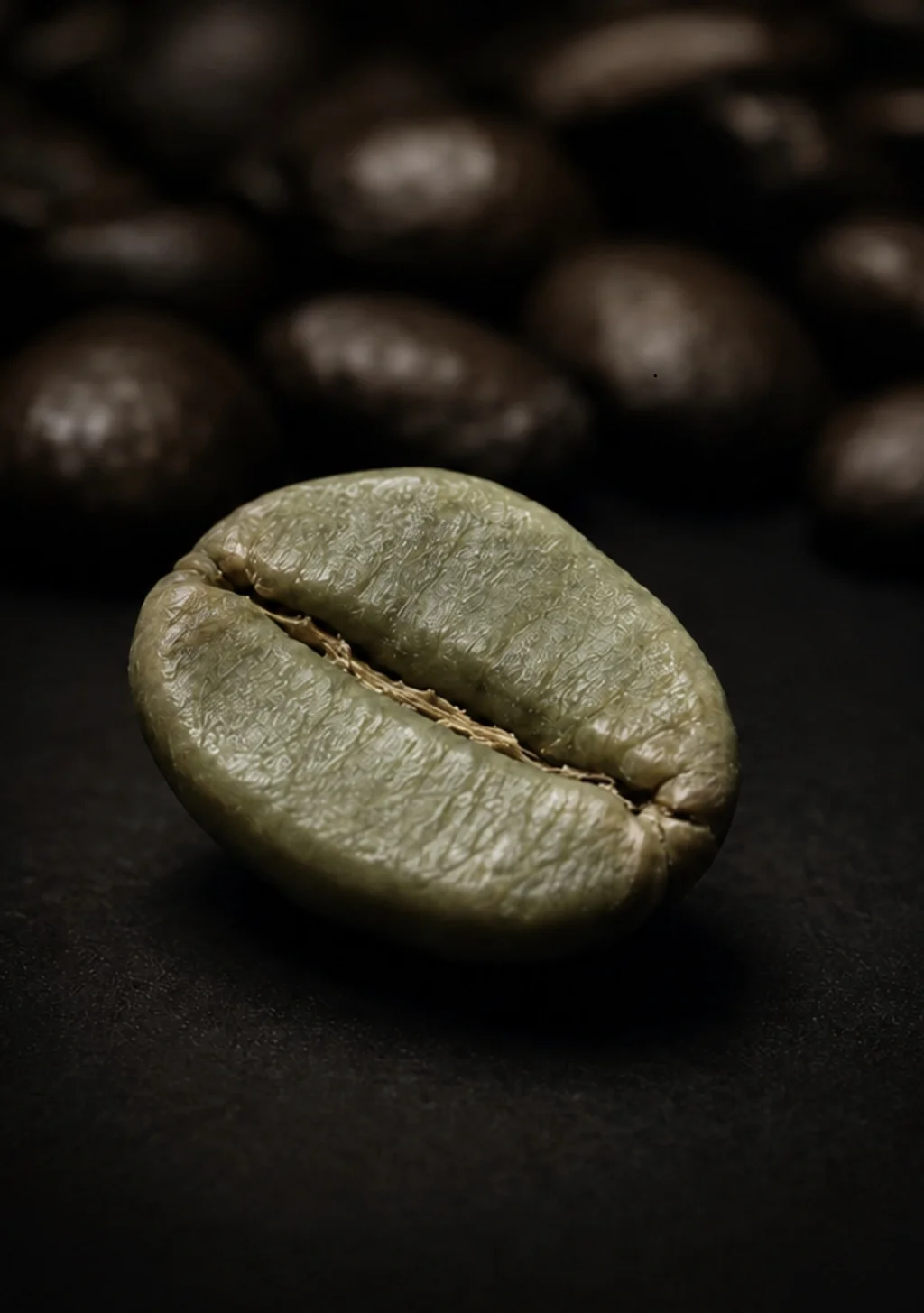 Macro shot of a single raw green coffee bean with roasted beans blurred in the background