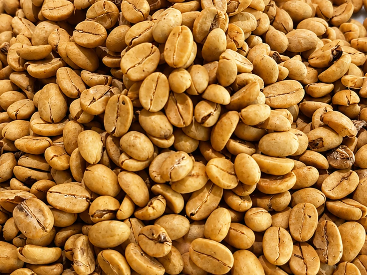 A pile of coffee beans in parchment on a marble surface