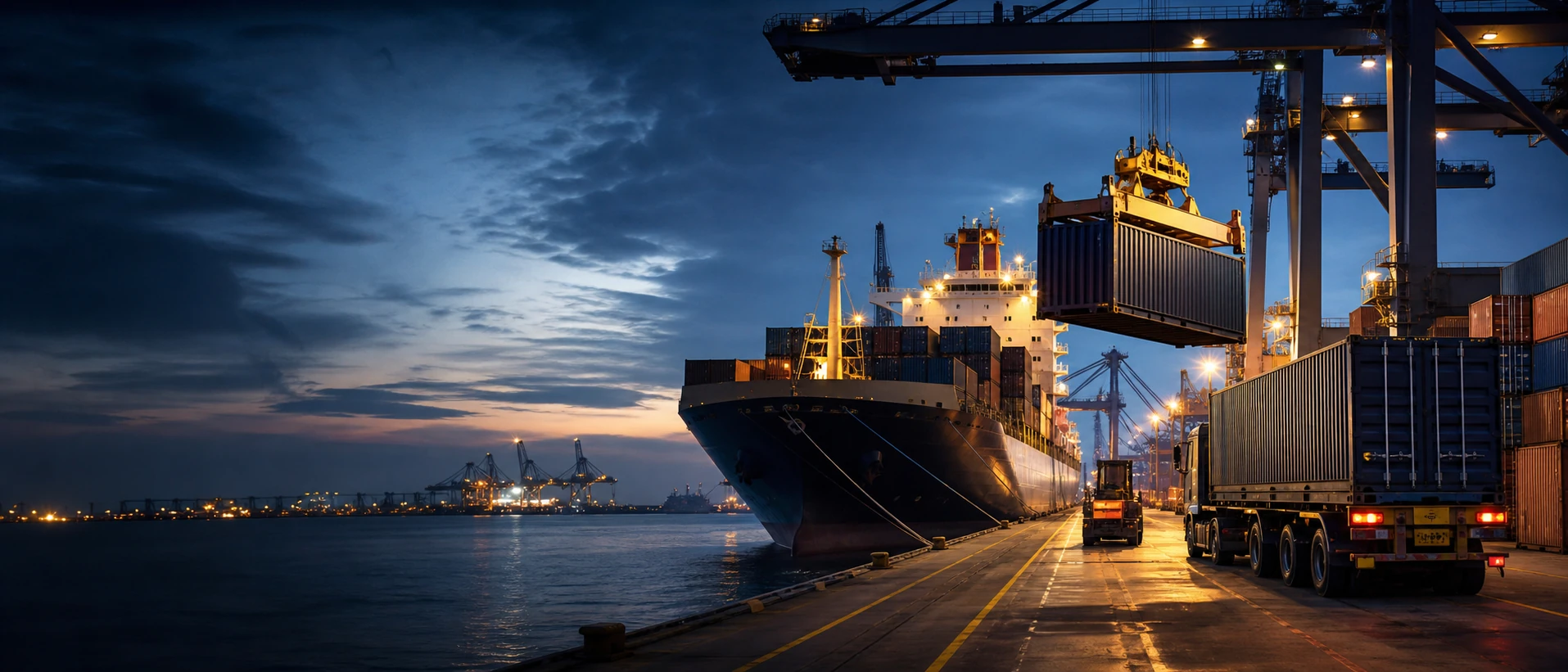 Container ship and cranes operating at an international port during blue hour