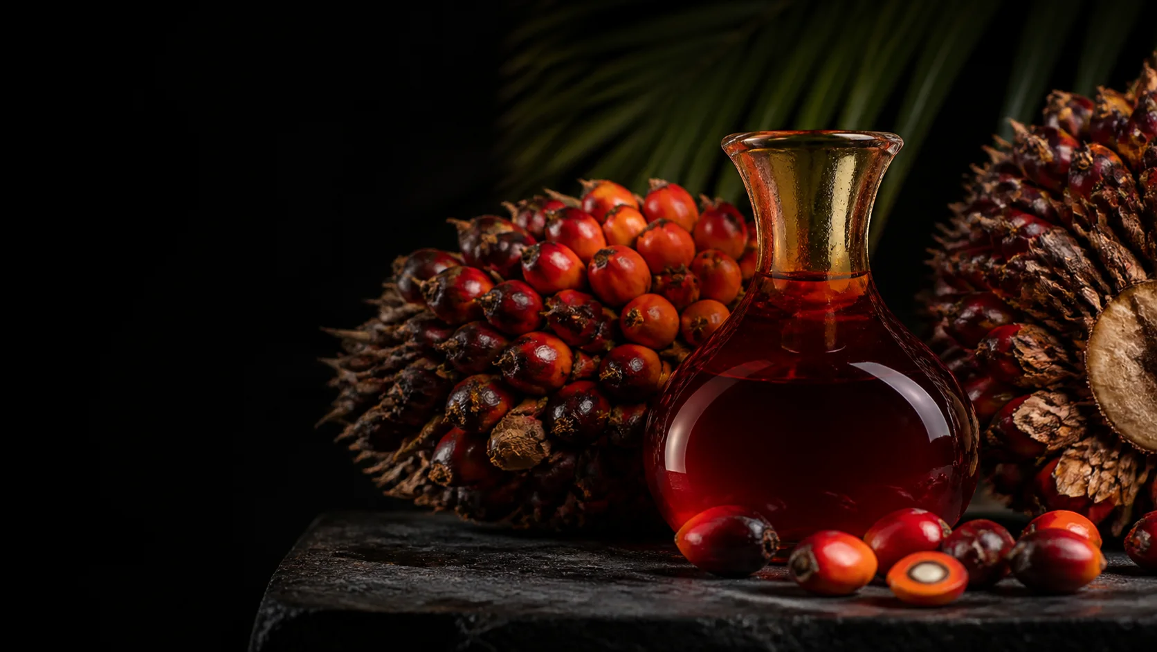 Crude red palm oil and fresh oil-palm fruit in a dark editorial still life