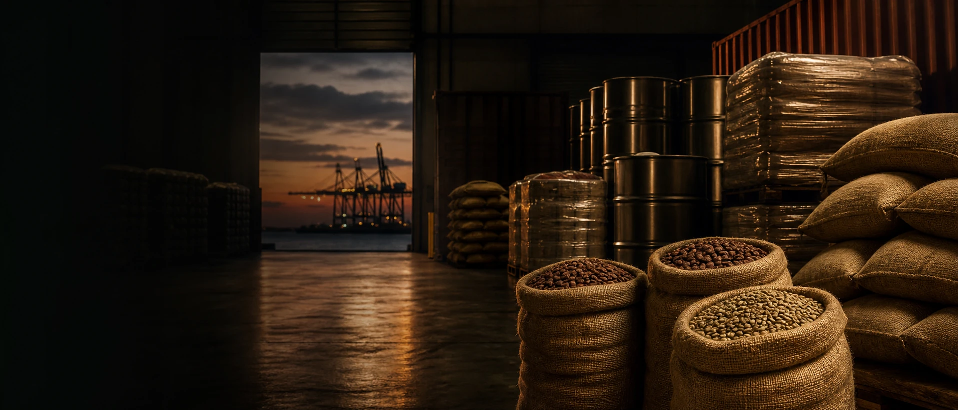 Wholesale cacao, green coffee, and bulk commodity drums staged in an export warehouse